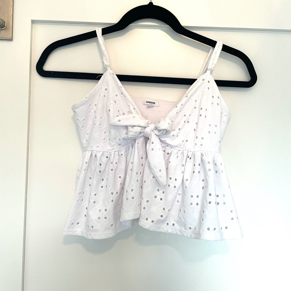 Garage white eyelet white tie crop top